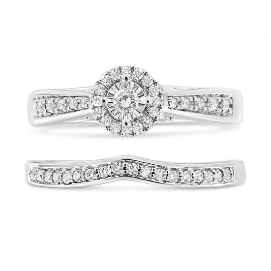 Anillo de compromiso de plata de ley .925 con halo de diamantes de 1/3 Cttw y vástago pavé (color I-J, claridad I3) - Talla 7