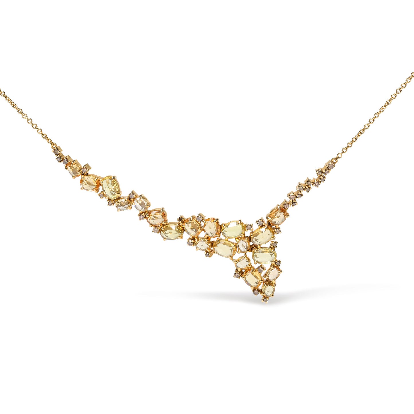 Collar de estación en cascada de zafiros amarillos ovalados de varios tamaños y diamantes marrones de 1/2 Cttw en oro amarillo de 18K (Color marrón, Claridad SI1-SI2) - Ajustable de 14" a 16"