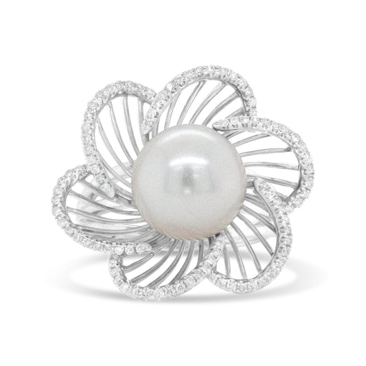Anillo de floración de oro blanco de 14 quilates con perla redonda de 11 mm y diamante redondo de 1/3 Cttw (color H-I, claridad VS1-VS2) - Talla 6.50