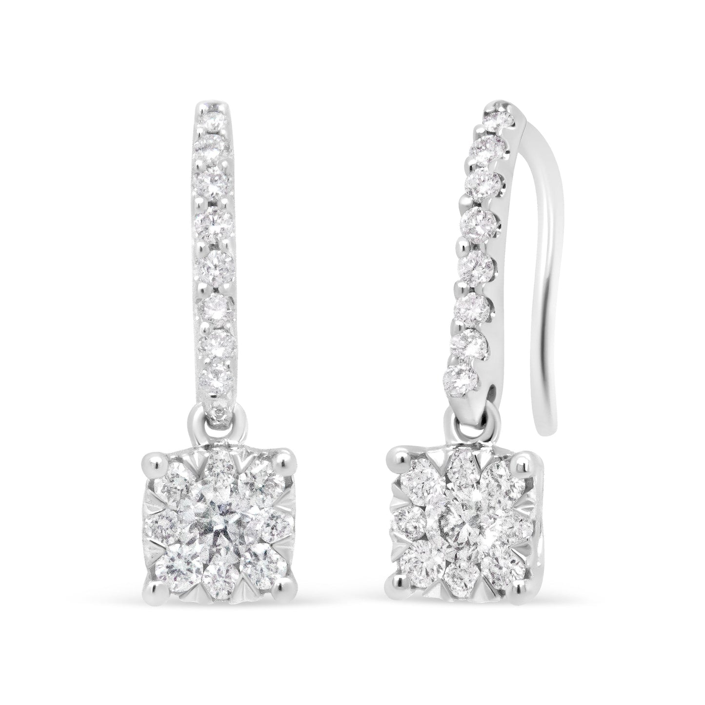 Pendientes colgantes tipo anzuelo de halo con diamante redondo de 1/2 quilate, oro blanco de 14K (color H-I, claridad SI2-I1)