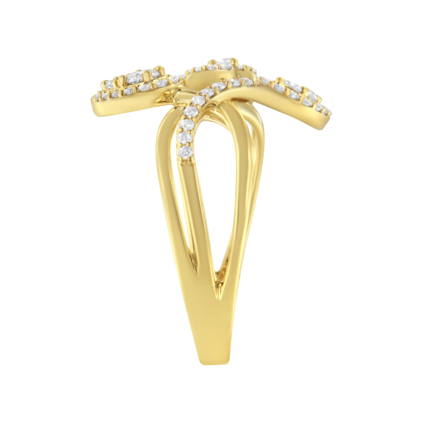 Anillo con tres hojas superpuestas de oro amarillo de 10 qt con diamantes de talla redonda de 1/2 quilate (color I-J, claridad I1-I2) - Talla 7