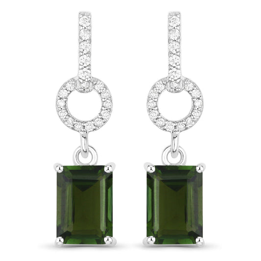 Pendientes de Oro Blanco de 14K con Turmalina Verde Genuina de 2.28 Quilates y Diamantes Blancos
