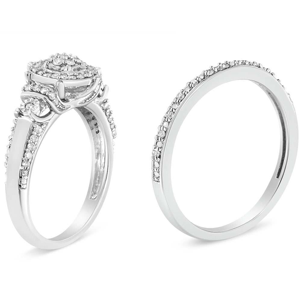 Anillo de compromiso y conjunto de alianzas de boda de plata de ley .925 con diamante de 1/3 Cttw de 7 piedras en racimo y halo (color I-J, claridad I1-I2) - Talla 7