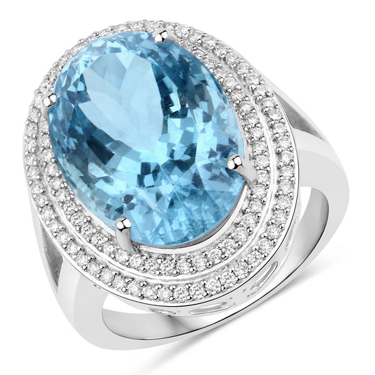 Anillo de oro blanco de 14K con aguamarina genuina de 12,89 quilates y diamantes blancos