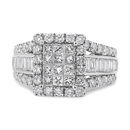 Anillo de diamantes de oro blanco de 14K, 2,00 Cttw, cabezal compuesto con halo y piedras laterales (color H-I, claridad SI1-SI2) - Talla 7
