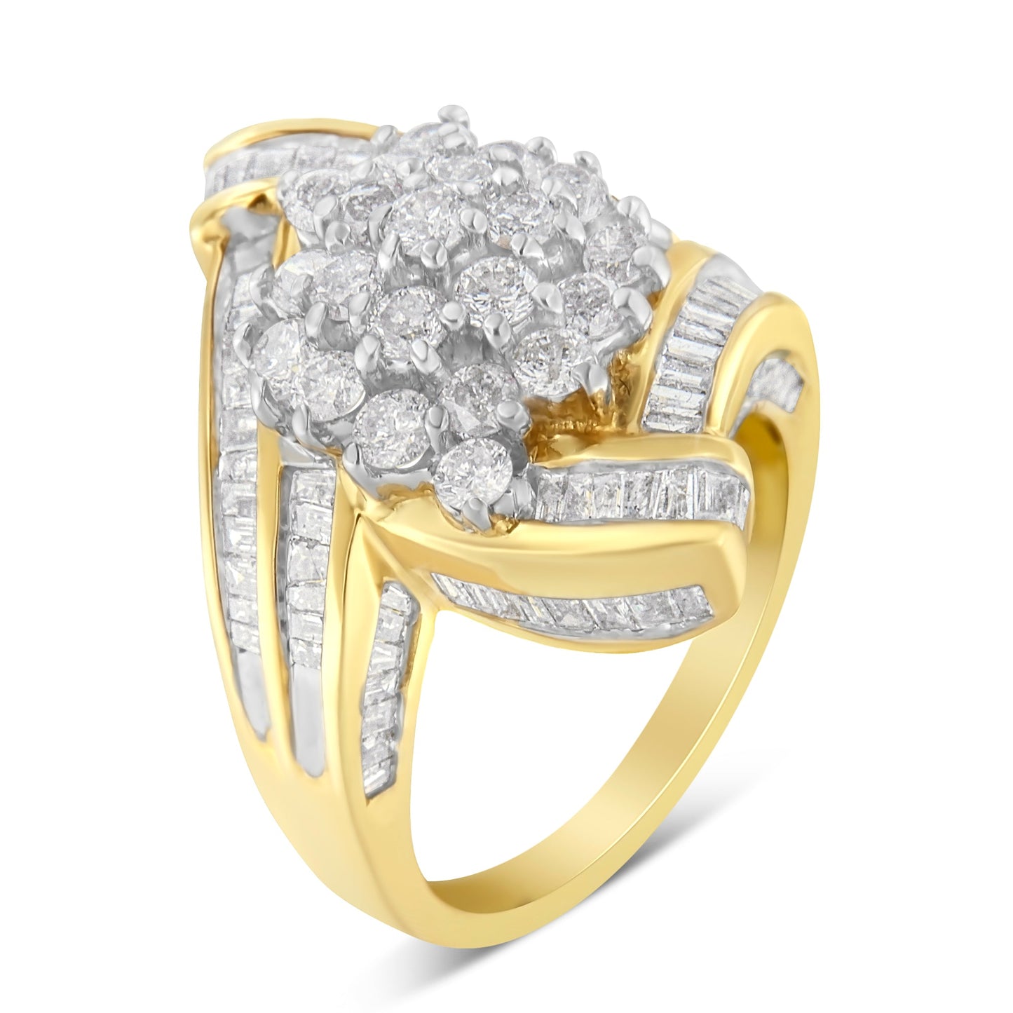 Anillo de oro amarillo de 10 qt con diamantes redondos y baguette en racimo cruzado (3 qt en total, color I-J, claridad I1-I2) - Talla 7-1/2