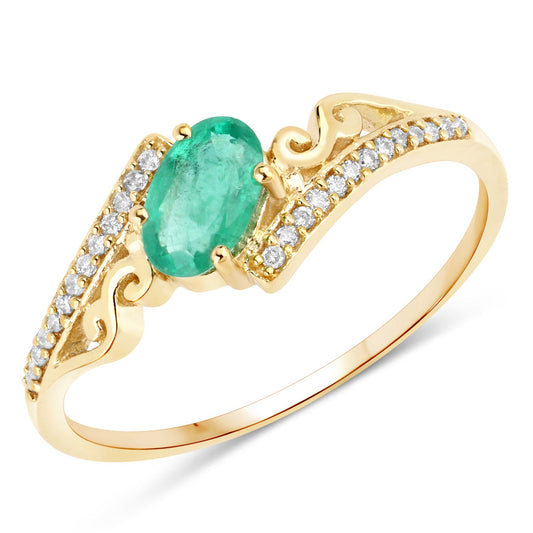 Anillo de oro amarillo de 14 quilates con esmeralda zambiana auténtica de 0,51 quilates y diamantes blancos