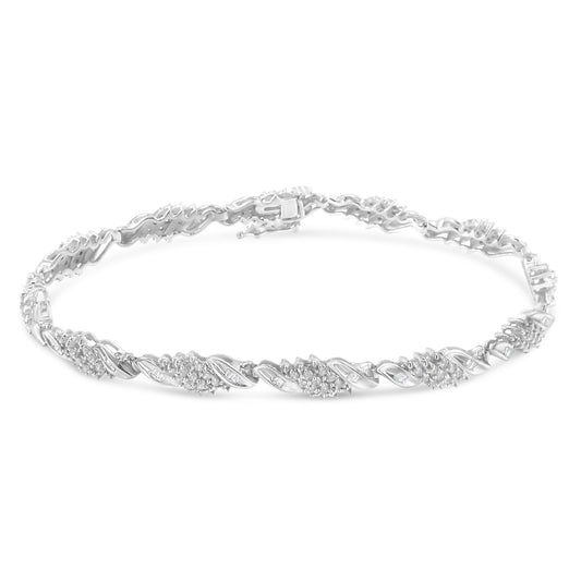 Pulsera de eslabones ondulados de plata de ley .925 con diamantes redondos y corte baguette de 1.5 quilates (color I-J, claridad I2-I3) - 7"