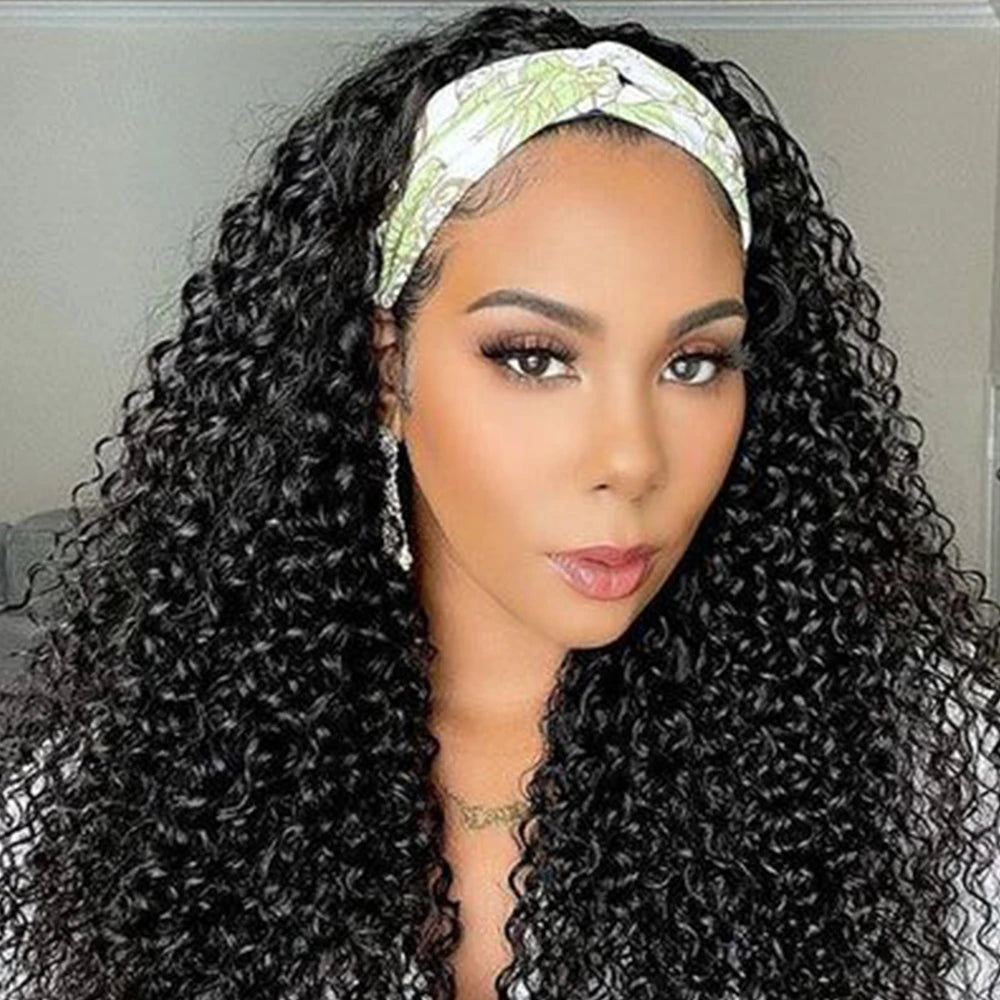 Kinky Water Wave Headband Wig | Sophisticated 32-Inch Brazilian Human Hair Silhouette | Elegant "Full Machine Made" Glueless Wig | "Dignified" 180% Density Natural Black Hairpiece for Radiant Versatile Styling Luxegan