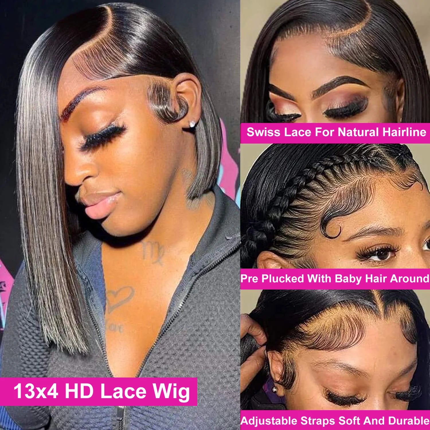 Ultra-Thick 200% Density Straight Short Bob Wig - 13x4 Transparent Lace Frontal Human Hair Wig - Pre-Plucked Free Part Glueless Brazilian Remy Hair Wig for Women (4-16 Inch) Luxegan