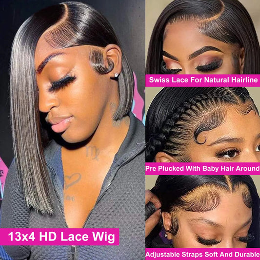 Bone Straight Short Bob Human Hair Wig | 150% Density Full Machine-Made Swiss Lace Wig | 100% Brazilian Remy Human Hair Glueless Straight Bob Wig for Women (8-16 Inches) Luxegan