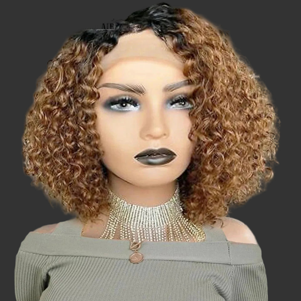Brazilian Highlight Deep Wave Curly Bob Wig | 13x4 Transparent Swiss Lace Frontal Wig | 180% Density Peruvian Virgin Human Hair Pre-Plucked Curly Bob (14 Inch, Multi-Tonal Caramel Highlights) Luxegan