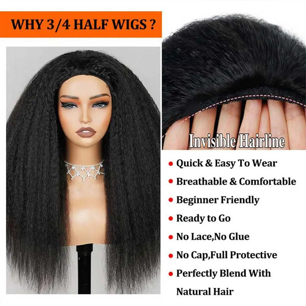 3-In-1 Kinky Straight Half Wig | Sophisticated "Seamless Flip-Over" Silhouette | Elegant 180% Density Beginner-Friendly Hairpiece | "Dignified" 22.5-Inch Brazilian Human Hair Wig for Radiant Versatile Styling Luxegan