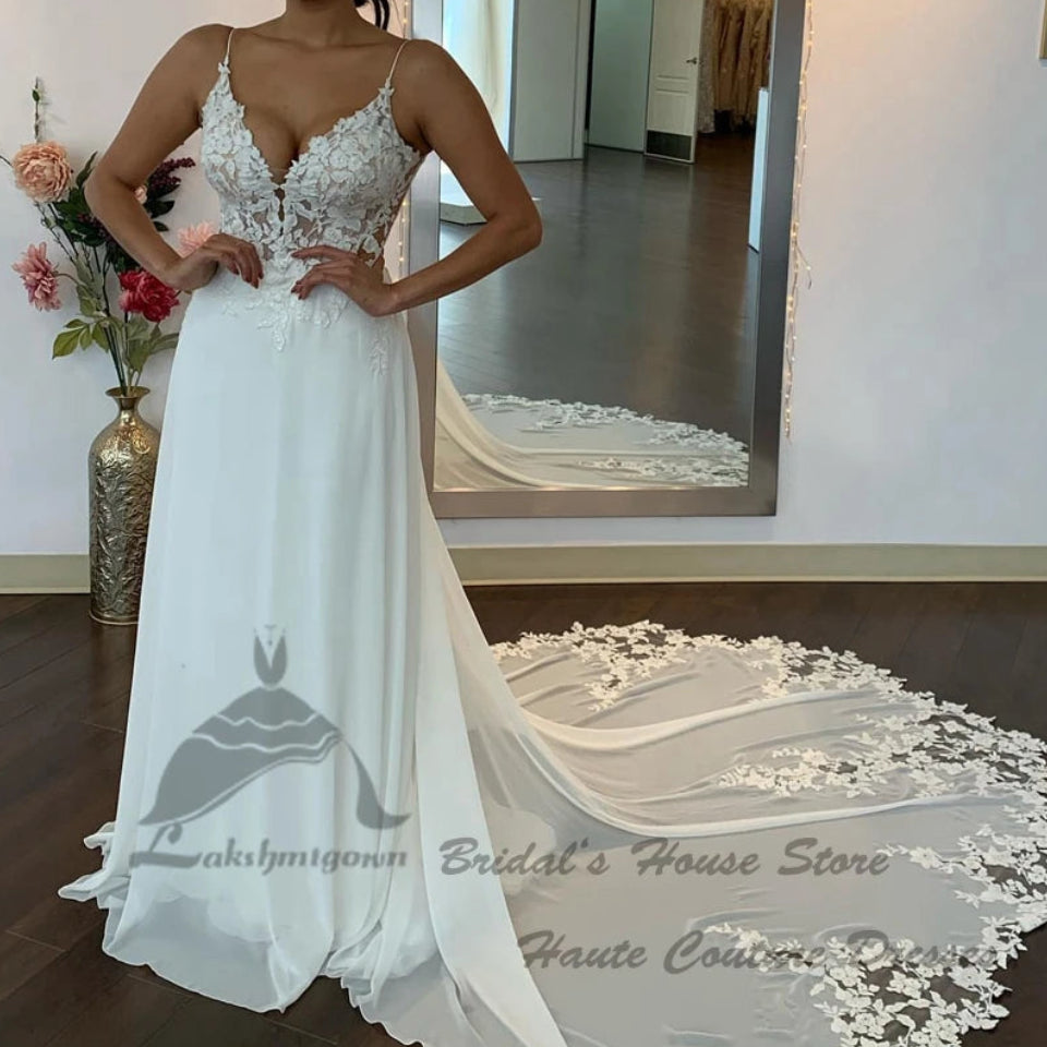 Sexy Chiffon Boho Beach Wedding Dress | Backless V-Neck Bridal Gown | Spaghetti Strap Floor-Length A-Line Dress with Lace Appliques Luxegan