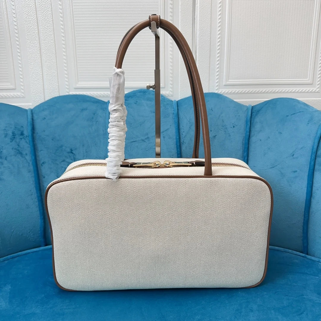 High-Quality Canvas & Genuine Leather Briefcase | Women’s New Contrast Portable Bowling Handbag | Large Capacity Rectangular Saddle Tote | Sophisticated Professional Commuting Satchel Luxegan