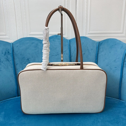 High-Quality Canvas & Genuine Leather Briefcase | Women’s New Contrast Portable Bowling Handbag | Large Capacity Rectangular Saddle Tote | Sophisticated Professional Commuting Satchel Luxegan