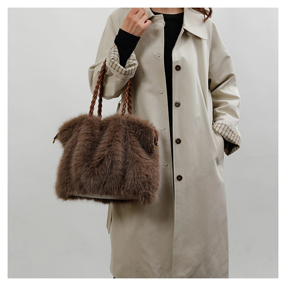 Plush Large Capacity Tote Bag | Pleated Fox Fur Shoulder & Crossbody Bag Luxegan