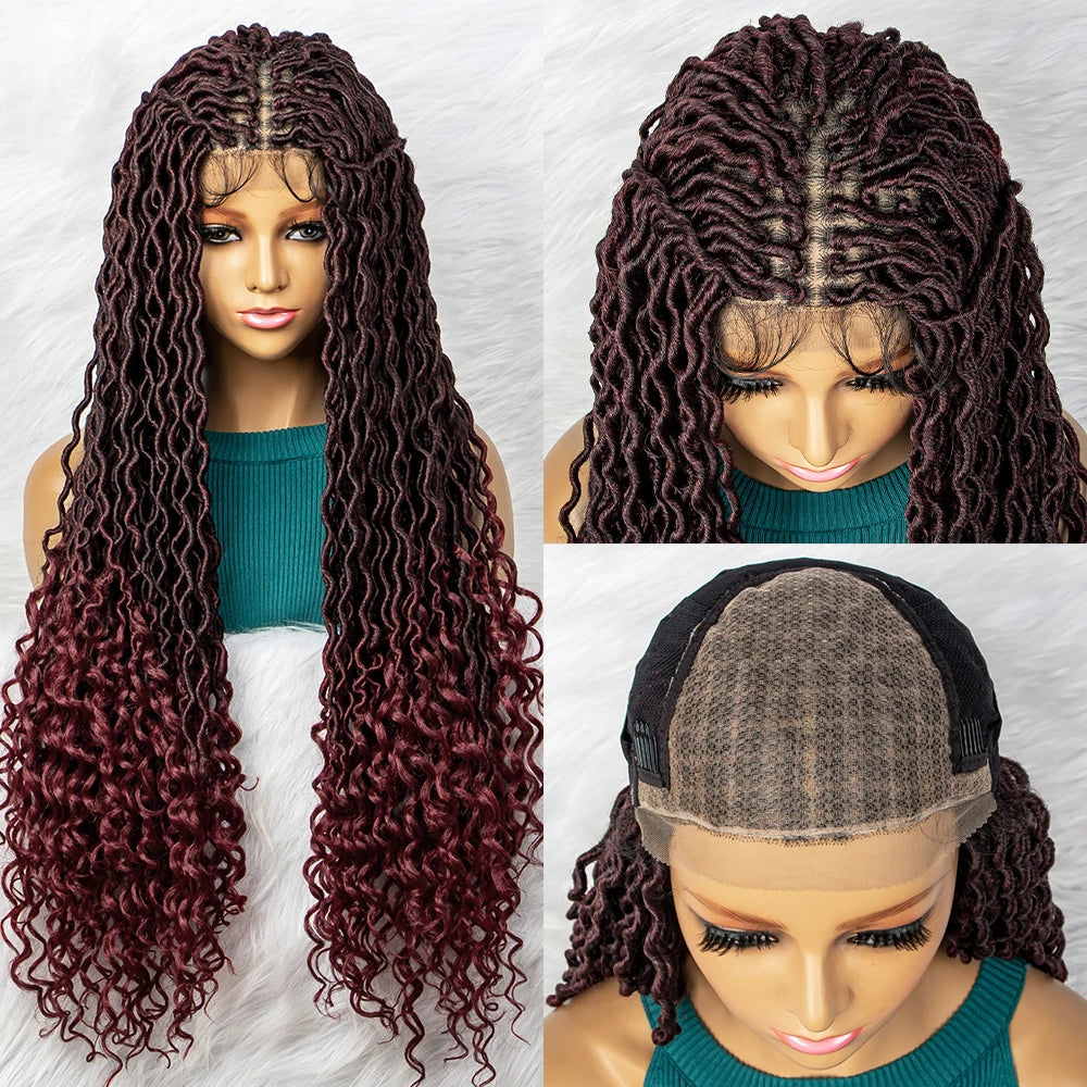 32" Burgundy Curly Dreadlocks Braided Wig | Lace Front with Baby Hair Luxegan