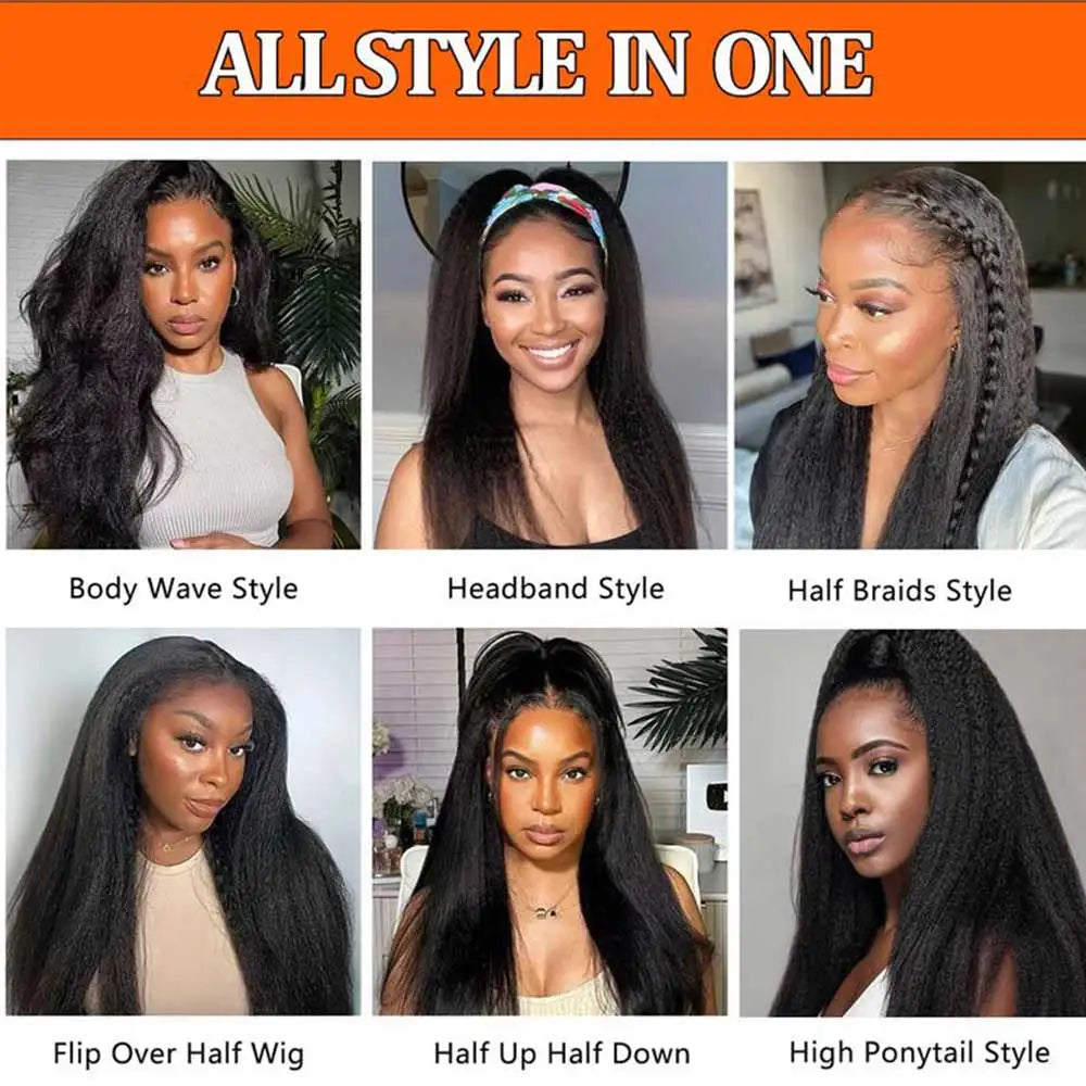 Afro Kinky Straight 3-In-1 Half Wig | Sophisticated "Seamless Flip-Over" Silhouette | Elegant 250% Density Drawstring Hairpiece | "Dignified" 30-Inch Brazilian Human Hair Wig for Radiant Versatile Styling Luxegan
