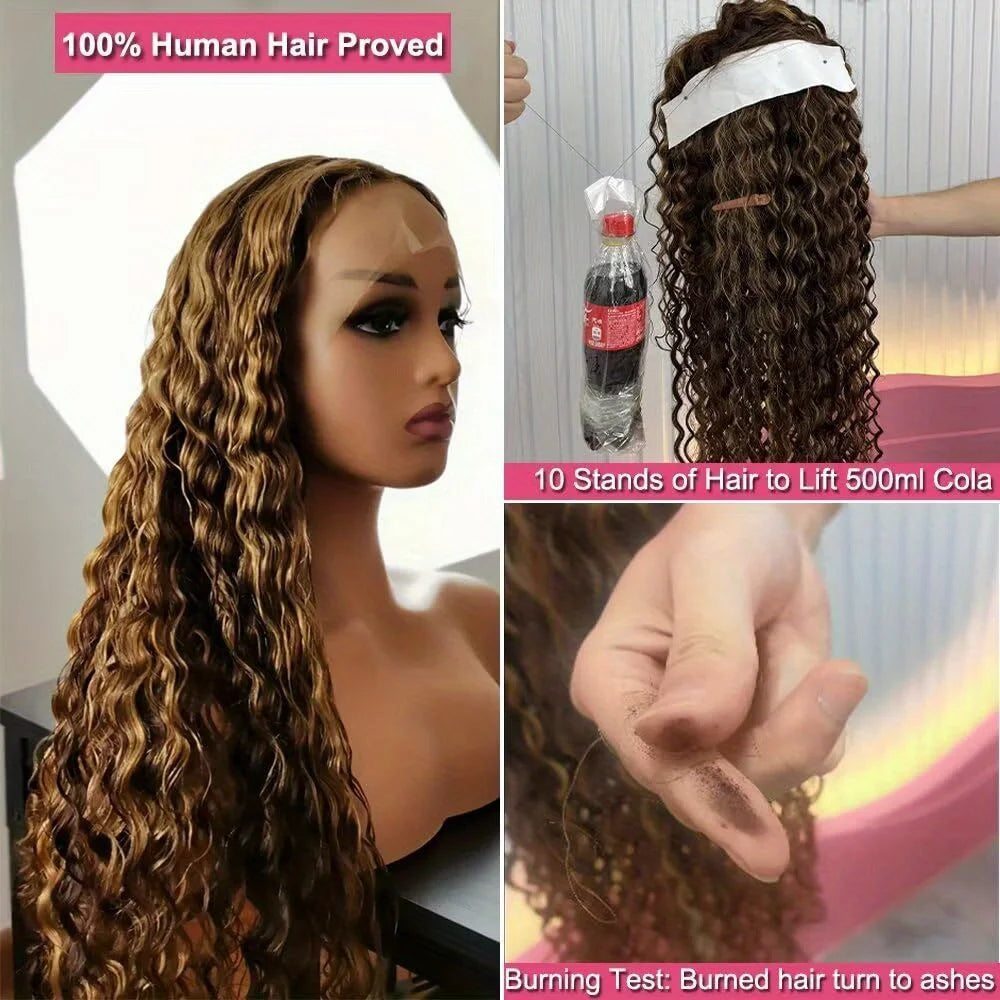 4/27 Highlight Honey Brown Water Wave HD Lace Wig | Sophisticated 13x4 Transparent Frontal | Elegant "Brazilian Remy" 26+ Inch Silhouette | "Dignified" Ombre Deep Curly Human Hair for Radiant Versatile Styling Luxegan