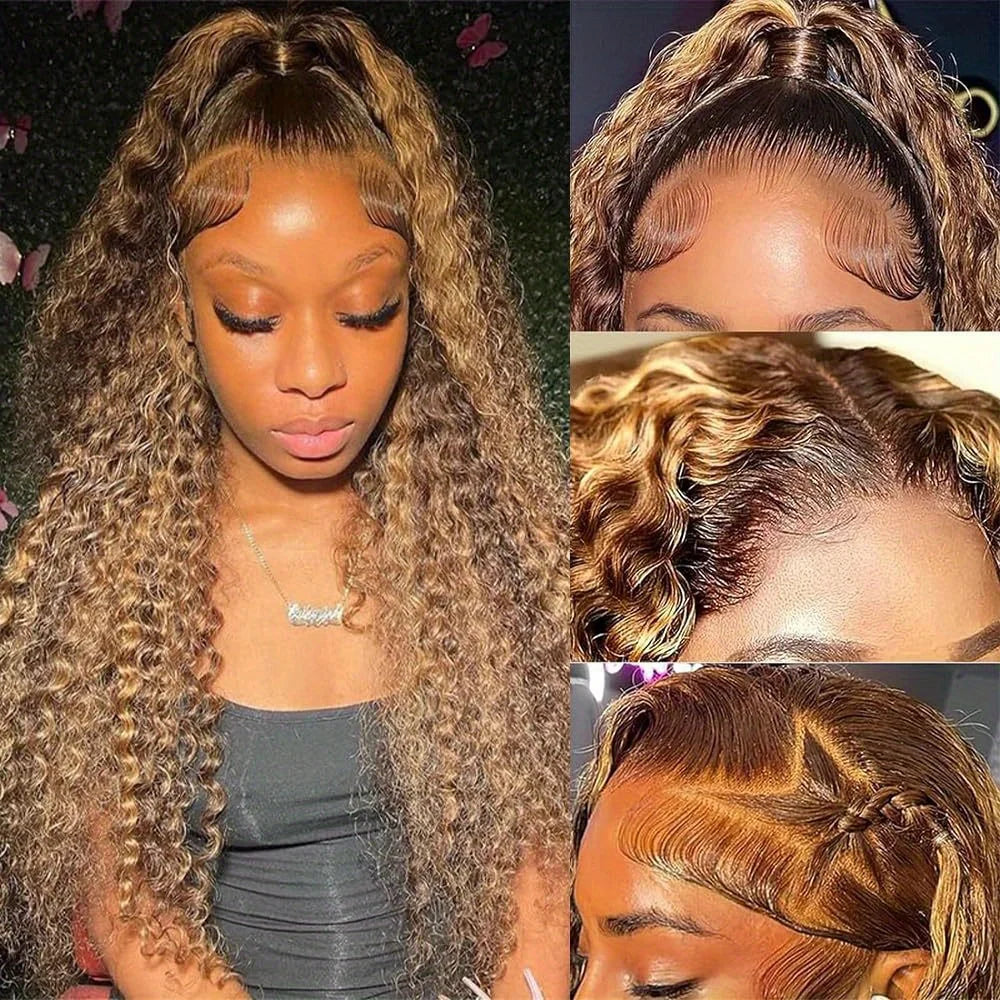 4/27 Highlight Honey Brown Water Wave HD Lace Wig | Sophisticated 13x4 Transparent Frontal | Elegant "Brazilian Remy" 26+ Inch Silhouette | "Dignified" Ombre Deep Curly Human Hair for Radiant Versatile Styling Luxegan
