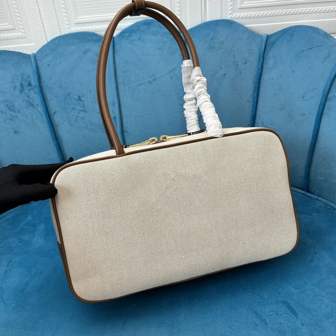 High-Quality Canvas & Genuine Leather Briefcase | Women’s New Contrast Portable Bowling Handbag | Large Capacity Rectangular Saddle Tote | Sophisticated Professional Commuting Satchel Luxegan