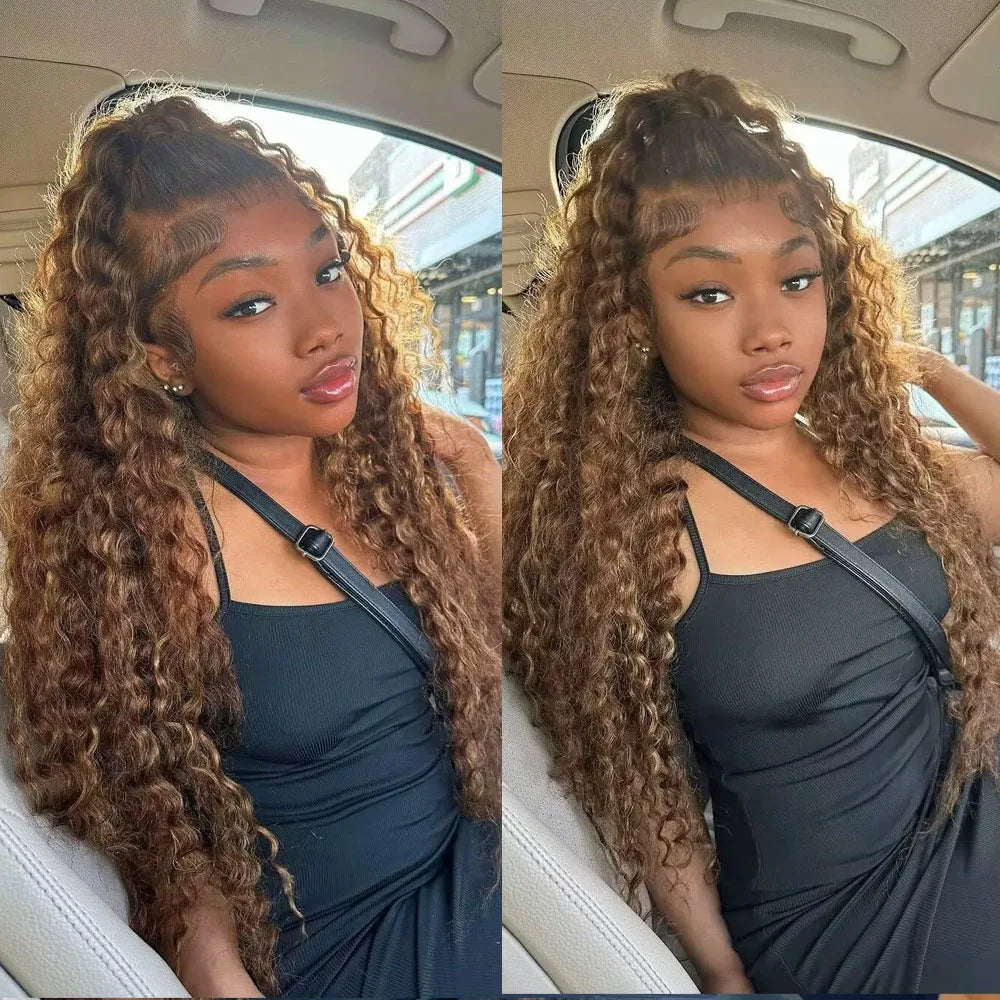 Honey Blonde Highlight Deep Wave 360 Full HD Lace Wig | Ultra-Thick 250% Density Invisible Strap Glueless Frontal Wig | 100% Brazilian Remy Human Hair Wig with Baby Hair (18-30 Inch) Luxegan