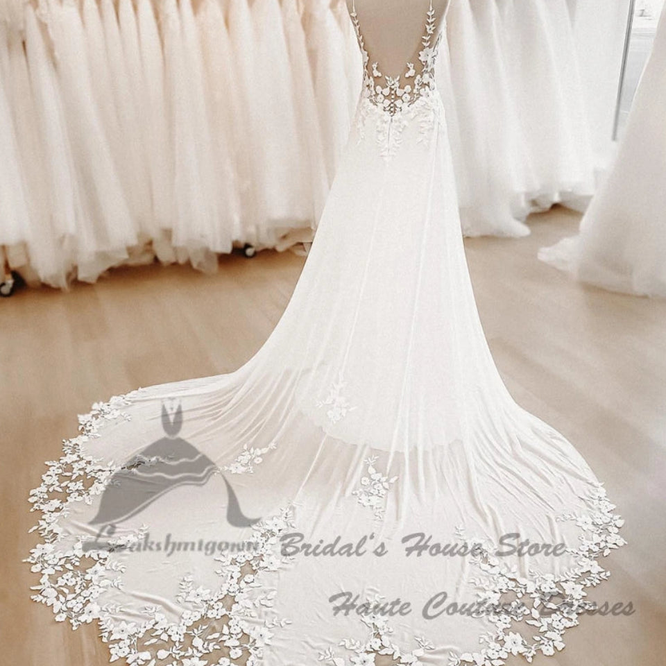 Sexy Chiffon Boho Beach Wedding Dress | Backless V-Neck Bridal Gown | Spaghetti Strap Floor-Length A-Line Dress with Lace Appliques Luxegan
