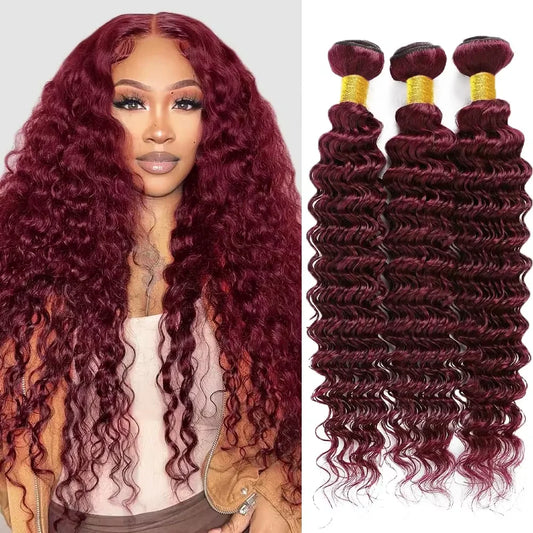 #99J Deep Wave Brazilian Virgin Human Hair Bundles | Burgundy Remy Hair Weave | 16–30 Inch Luxega