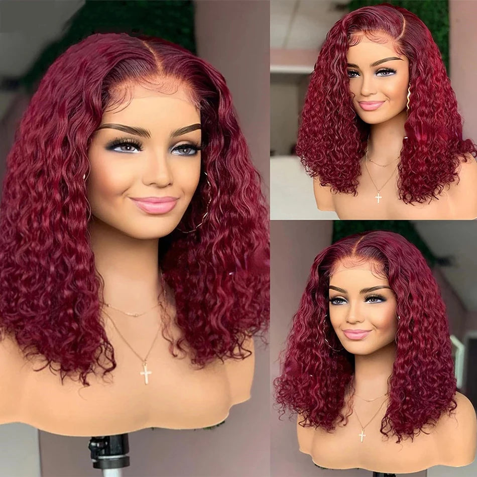 Burgundy 99J Deep Wave Short Bob Wig - 13x4 Transparent Lace Frontal Human Hair Wig - 200% Density Red Colored Water Wave Remy Human Hair Wig for Women (4-16 Inch) Luxegan