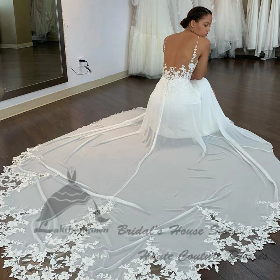 Sexy Chiffon Boho Beach Wedding Dress | Backless V-Neck Bridal Gown | Spaghetti Strap Floor-Length A-Line Dress with Lace Appliques Luxegan