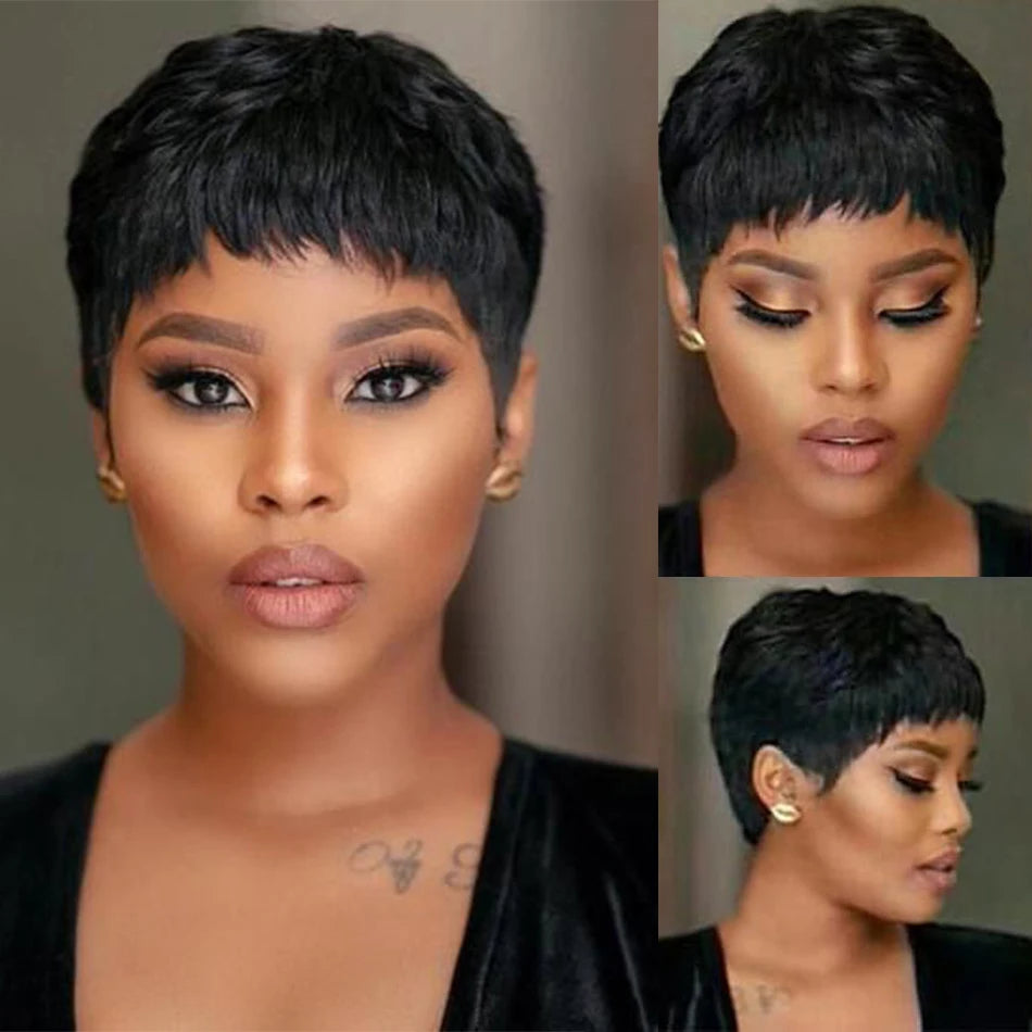 Silky Straight Short Bob Pixie Cut Wig with Bangs - Full Machine-Made Glueless Human Hair Wig - 100% Brazilian Remy Human Hair Natural Color Fringe Wig for Women (Short Length) Luxegan