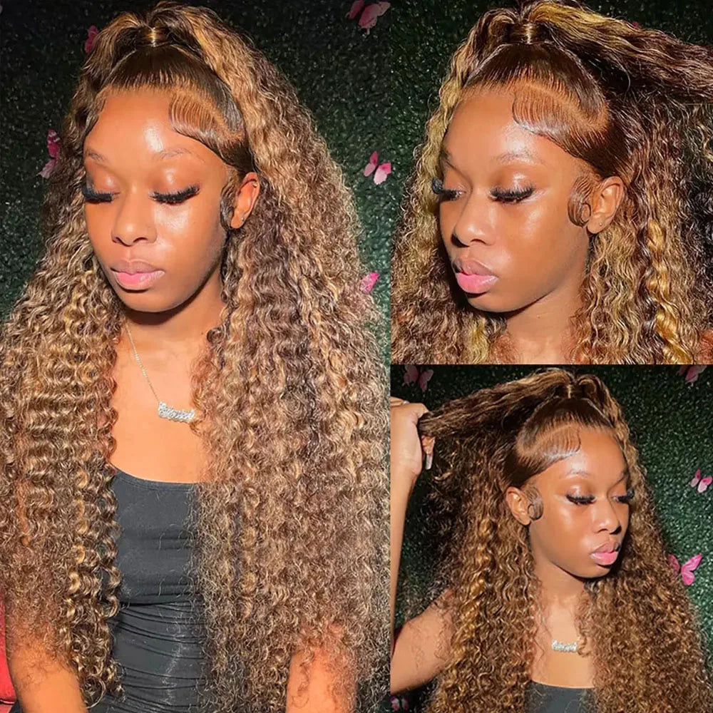 Honey Blonde Highlight Deep Wave 360 Full HD Lace Wig | Ultra-Thick 250% Density Invisible Strap Glueless Frontal Wig | 100% Brazilian Remy Human Hair Wig with Baby Hair (18-30 Inch) Luxegan