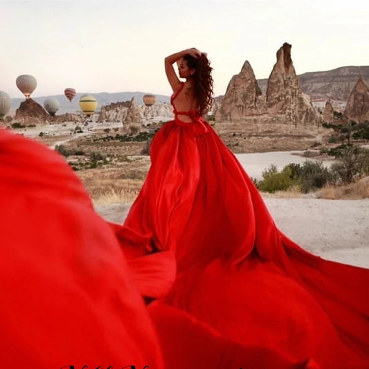 Elegant Sexy Red Party Dress | Soft Satin Celebrity Evening Gown with Long Train | Chic V-Neck Spaghetti Strap Special Occasion Dress | Model NY2024112707 Custom Plus Size Classic Prom Gown Luxegan