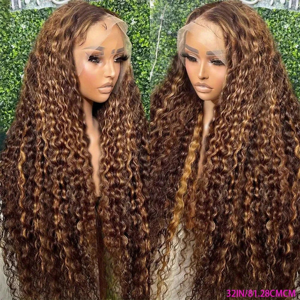 4/27 Highlight Honey Brown Water Wave HD Lace Wig | Sophisticated 13x4 Transparent Frontal | Elegant "Brazilian Remy" 26+ Inch Silhouette | "Dignified" Ombre Deep Curly Human Hair for Radiant Versatile Styling Luxegan