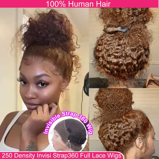 Invisi-Strap 360 Full Lace Wig | Sophisticated "Chocolate Brown" Deep Curly Silhouette | Elegant 250% Density HD Lace Hairpiece | "Dignified" Honey Blonde Highlights Brazilian Human Hair Wig for Radiant Versatile Styling Luxegan
