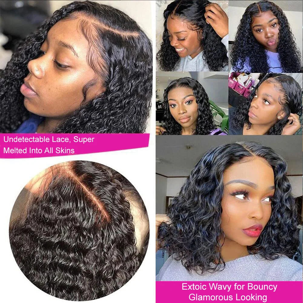 Deep Curly Short Bob Human Hair Wig - 13x4 Transparent Lace Frontal & Deep Wave Part Wig - 100% Brazilian Remy Human Hair Glueless Natural Black Curly Bob Wig for Women Luxegan