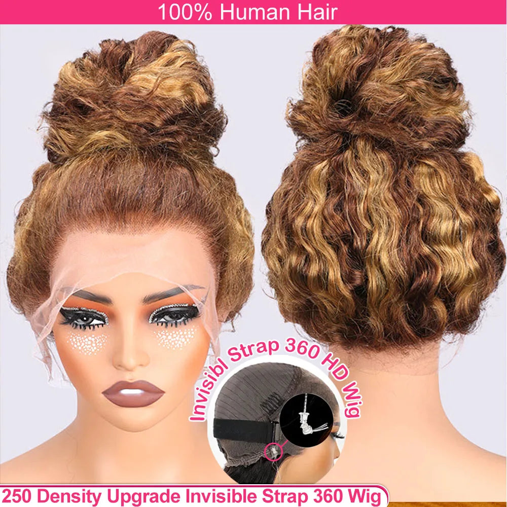 Honey Blonde Highlight Deep Wave 360 Full HD Lace Wig | Ultra-Thick 250% Density Invisible Strap Glueless Frontal Wig | 100% Brazilian Remy Human Hair Wig with Baby Hair (18-30 Inch) Luxegan 