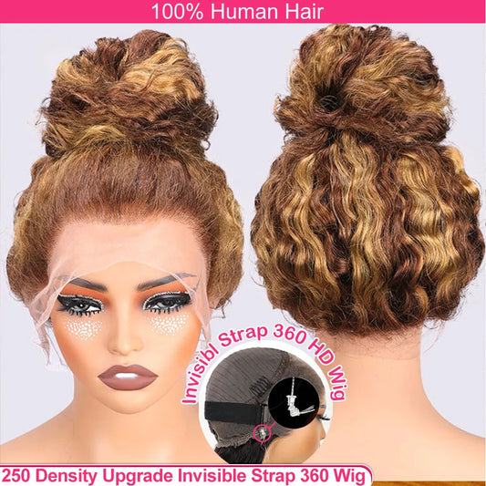 Honey Blonde Highlight Deep Wave 360 Full HD Lace Wig | Ultra-Thick 250% Density Invisible Strap Glueless Frontal Wig | 100% Brazilian Remy Human Hair Wig with Baby Hair (18-30 Inch) Luxegan 