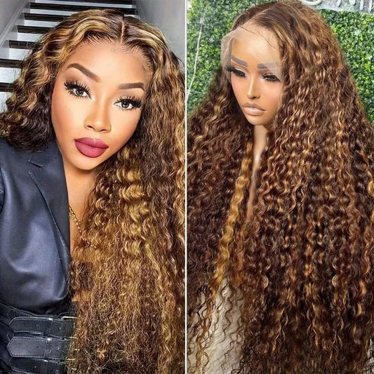 4/27 Highlight Honey Brown Water Wave HD Lace Wig | Sophisticated 13x4 Transparent Frontal | Elegant "Brazilian Remy" 26+ Inch Silhouette | "Dignified" Ombre Deep Curly Human Hair for Radiant Versatile Styling Luxegan