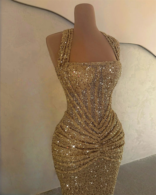 Sansa Vestido de Noche Formal de Sirena Personalizado de Champán con Lentejuelas Brillantes, Cuello Halter y sin Mangas