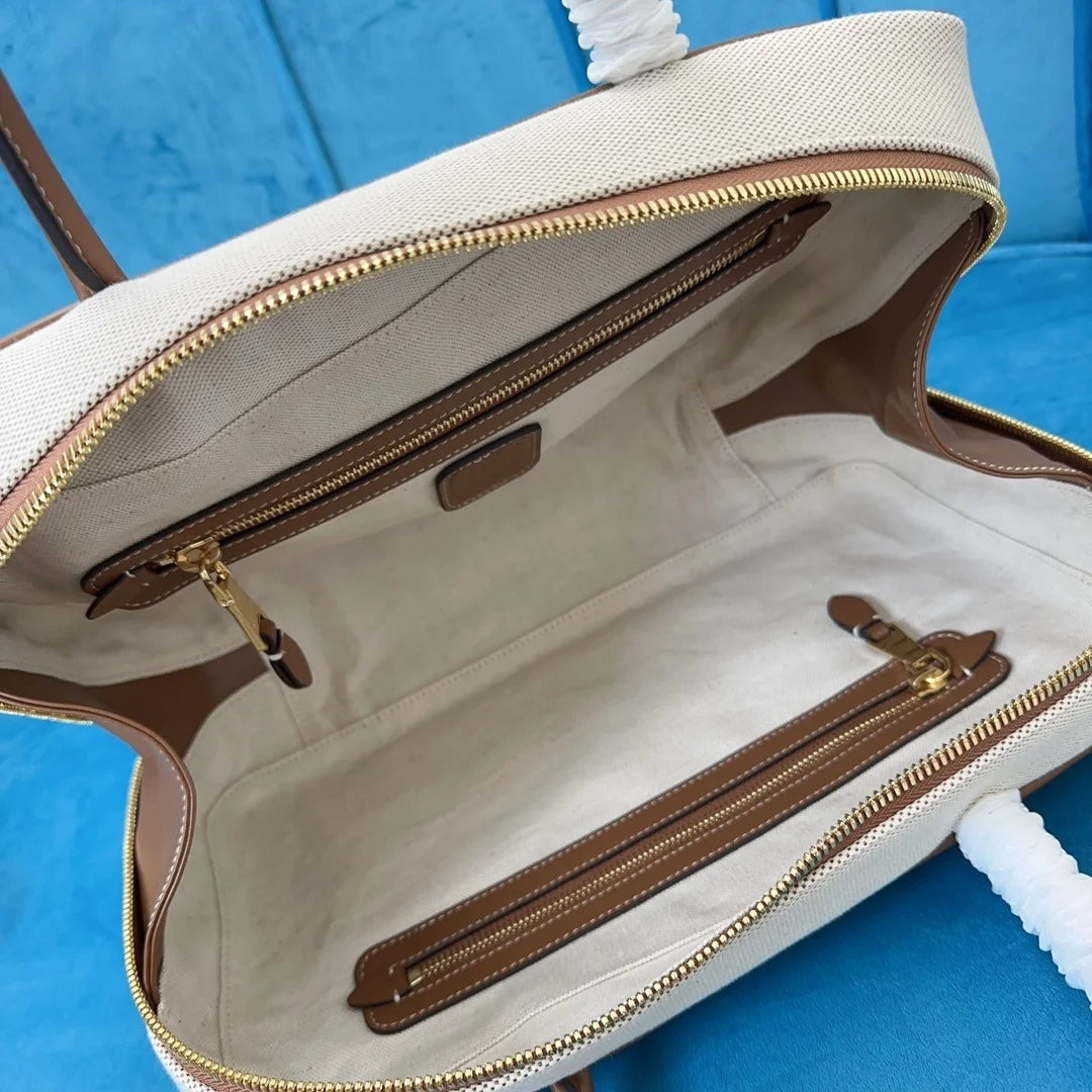 High-Quality Canvas & Genuine Leather Briefcase | Women’s New Contrast Portable Bowling Handbag | Large Capacity Rectangular Saddle Tote | Sophisticated Professional Commuting Satchel Luxegan