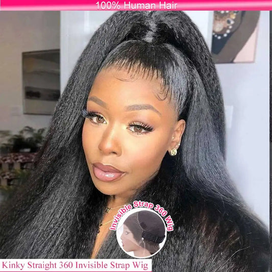 Invisi-Strap 360 HD Glueless Wig | Sophisticated "Yaki Straight" Frontal Silhouette | Elegant 250% Density Kinky Straight Hairpiece | "Dignified" Brazilian Human Hair Wig for Radiant Versatile Styling Luxegan