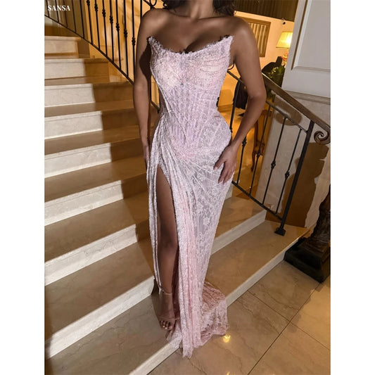 Exquisite Custom Pink Sequin Mermaid Prom Dress | Sexy High Side Split Strapless Evening Gown | Luxurious Sleeveless Knit Silk Vestidos De Noche | Show-Stopping Contrast Color Floor-Length Formal Masterpiece Luxegan