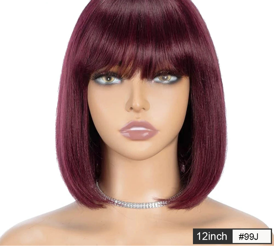 180D Orange/Ginger & Blonde Straight Human Hair Bob Wig with Bangs | Full Machine Made Remy for Women (P4/30, 613, 99J, T1B/27) Luxegan