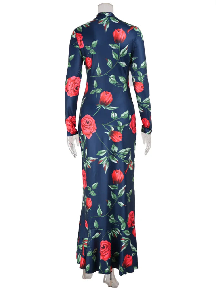 Women's Print Turtleneck Long Sleeve Fishtail Bodycon Maxi Dress Luxegan