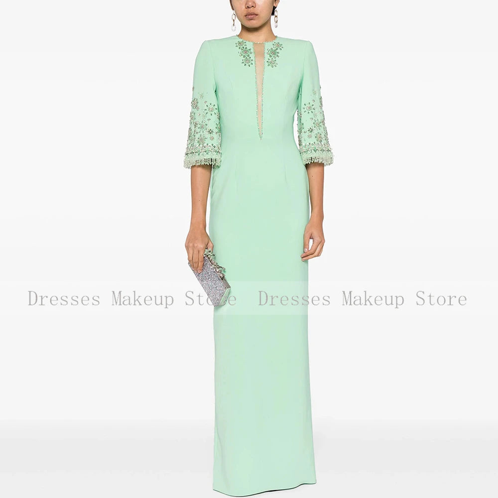 Beaded O-Neck Half Sleeve Straight Floor-Length Formal Evening Dress – Polyester Jersey, Built-In Bra, Natural Waist Luxegan
