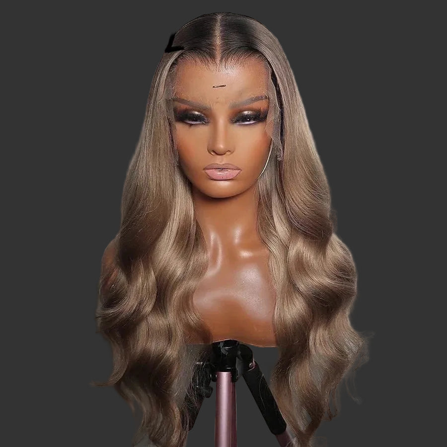 Premium 28-Inch Ash Blonde Body Wave HD Lace Front Human Hair Wig | Luxury Glueless Ombre Colored Brazilian Remy Hair | 13x6 Full Frontal Swiss Lace Melt Skins Wig | Top Grade Model 1 Piece Only Average Cap Size Luxegan