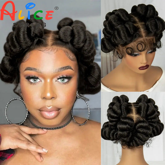 Natural Color 6Inch Transparent Full Lace Braided Wigs Short Cute Handmade Bantu Synthetic Braided Lace Wigs Knotless Braids Wig Luxegan