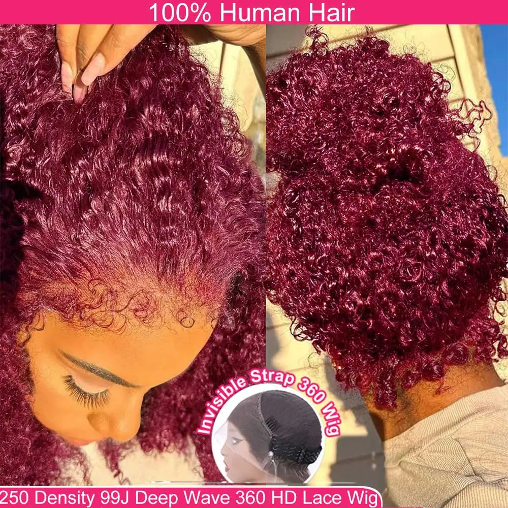 Burgundy Deep Wave Frontal Wig | Sophisticated 360 Full HD Lace Silhouette | Elegant 250% High - view 2
